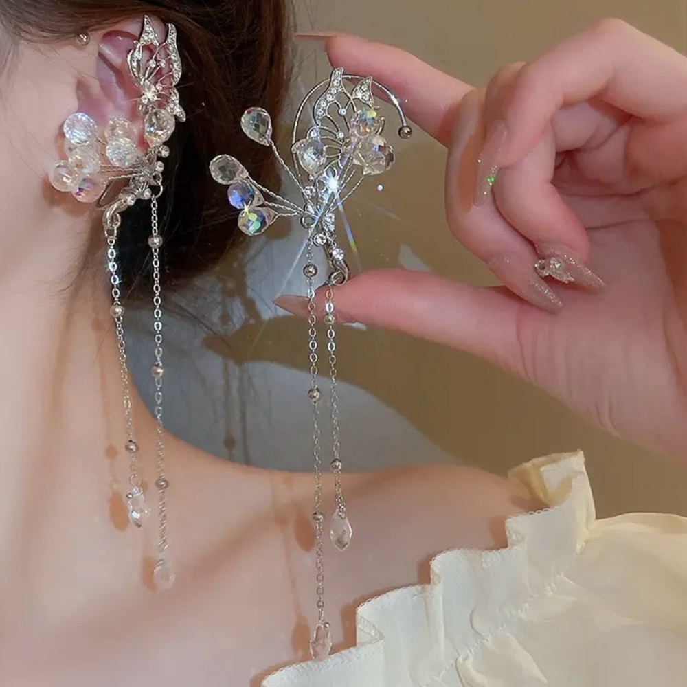 Synthetic Zircon Flower Water Drop Tassel Earrings, Fashion Hanging Ear Clip